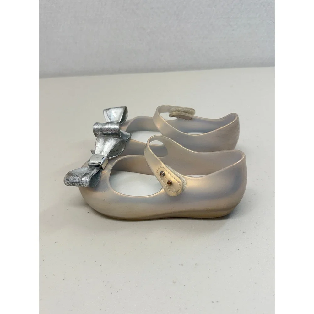 Mini Melissa Kids Ultragirl Sweet Pearlescent Silver Bow Mary Jane Flats Size 10